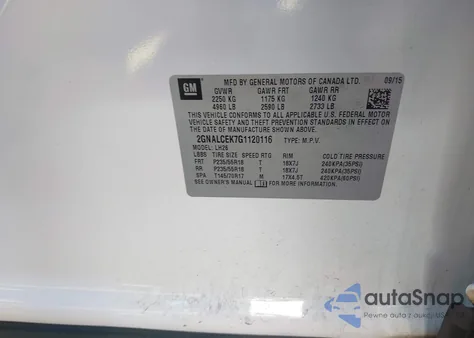 2016 Chevrolet Equinox Lt z USA, uszkodzony, nr VIN 2GNALCEK7G1120116